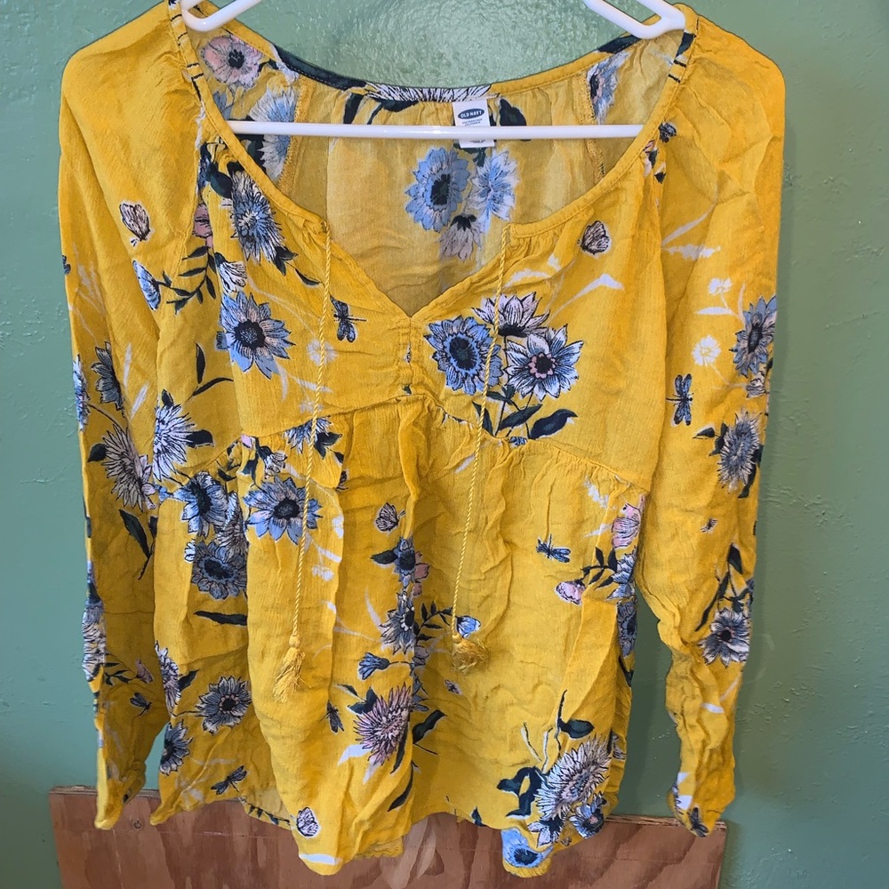 Old Navy Yellow and Blue Floral Printed Blouse Size XL